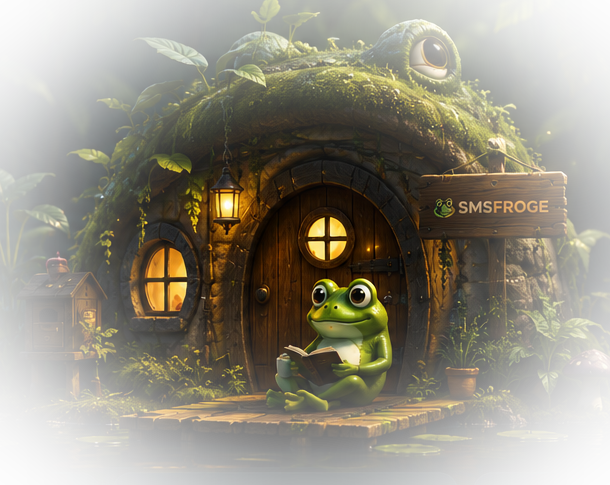 Illustration of a frog reading a book outside a cozy moss-covered treehouse, representing SMSFROGE's home for communication